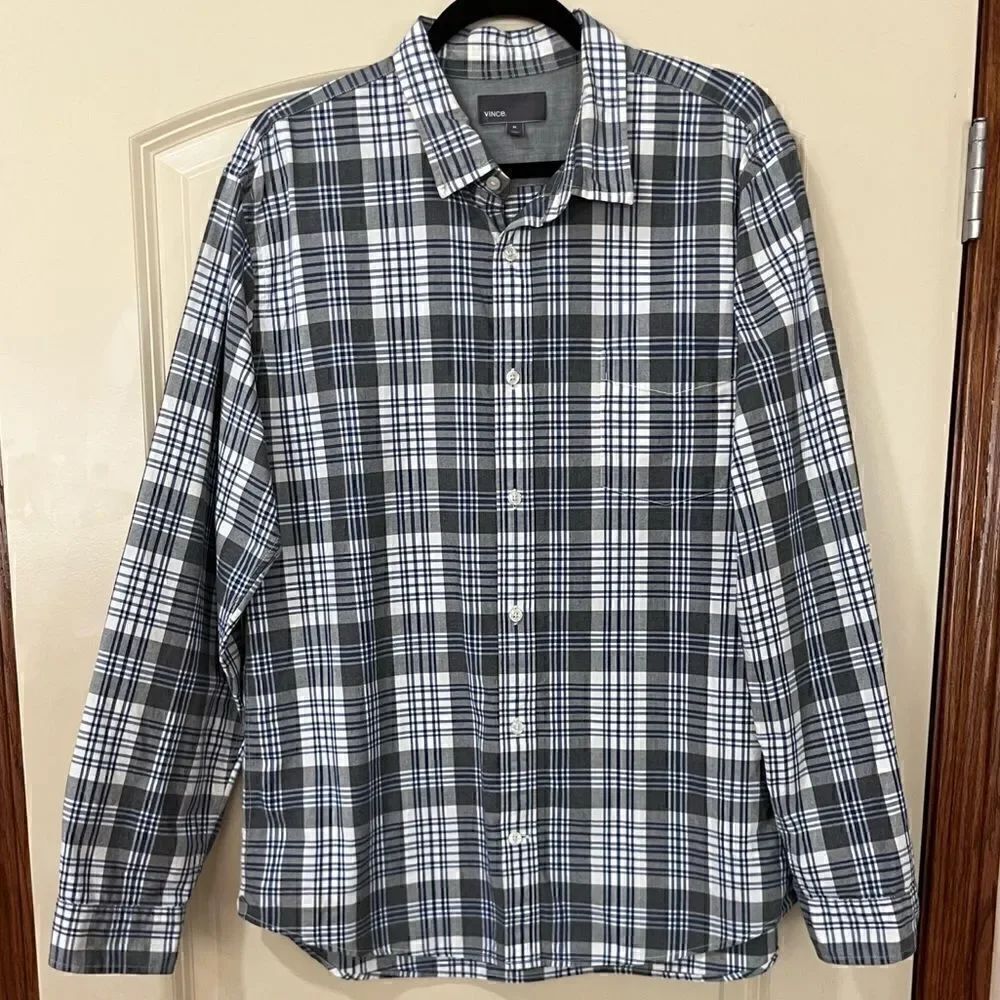 VINCE Long Sleeve Button Up Plaid Shirt Blue White Gray Men’s Size XL